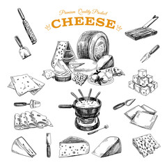 Vector hand drawn illustration with cheeses .