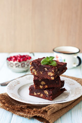 Brownies on wooden table