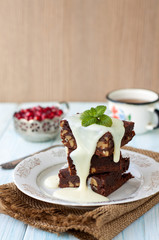 Brownies on wooden table