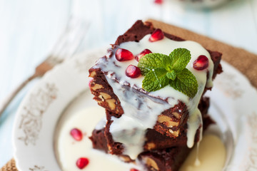 Brownies on wooden table
