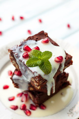 Brownies on wooden table