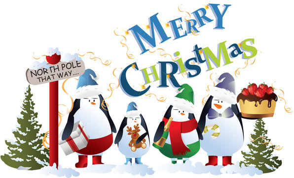 vector image of penguins wearing winter clothing with merry christmas in background.