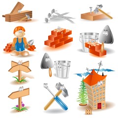set of cartoon houses and building instruments