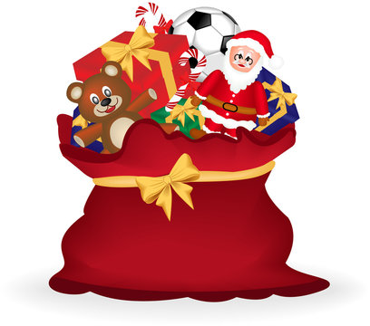 vector image of a christmas gift sack with teddy bear, santa claus and gift box.