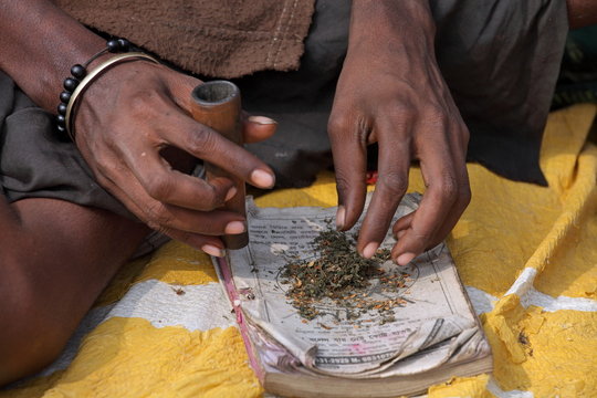 Sadhu is preparing his chillum to smoke ganja (marihuana)
