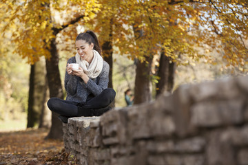 Fototapeta premium Beautiful happy woman in autumn park,shallow depth of field. Fall season