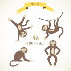 Set of cute funny monkeys in a cartoon style. Symbol of the 2016