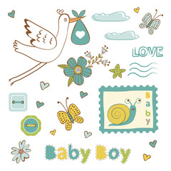Colorful collection of baby boy announcement graphic elements