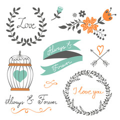 Romantic collection with flowers, wreaths and other graphic elements