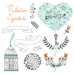 Romantic collection with flowers, wreaths and other graphic elements