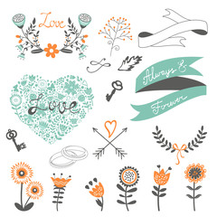 Romantic collection with flowers, wreaths and other graphic elements