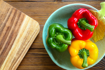 sweet chilli on wooden table.