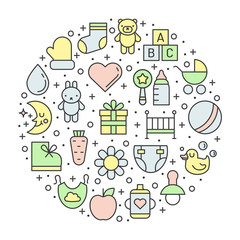 Babies (girl and boy) things outline multicolored cute vector circle background. Modern minimalistic design.