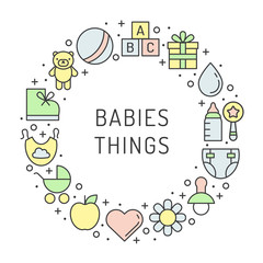 Babies (girl and boy) things outline multicolored cute vector circle frame background. Modern minimalistic design. Part one.
