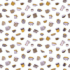 Cute cartoon naive cups seamless vector pattern. Kids style drawing.
