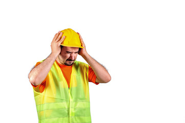 Manuel worker protecting himself from noisy environment isolated on white background.