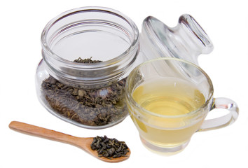 Cup of green tea on white background