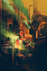 Fototapeta premium sci-fi scene showing red astronaut standing on futuristic architecture,illustration