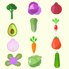 set of vegetables, cabbage, avocado, onion