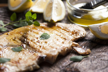 Grilled sword fish steak slices 