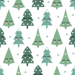 Seamless pattern with smiling sleeping xmas trees and snowflakes. Happy New Year background. Cute vector design for winter holidays on white background. Child drawing style winter trees. - 98412700