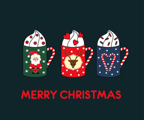 Christmas greeting card with cute hot cups with santa claus, deer, candy cane heart. Hand drawn festive vector illustration. - 98412721