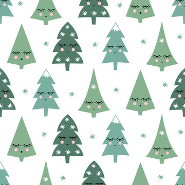 Seamless pattern with smiling sleeping xmas trees and snowflakes. Happy New Year background. Cute vector design for winter holidays on white background. Child drawing style winter trees.