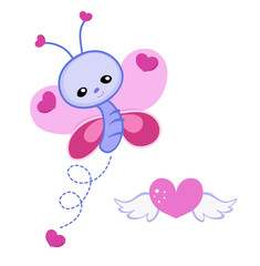 Greeting card. Cute butterfly with hearts on a white background