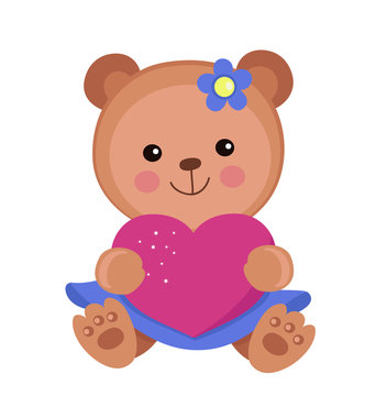 Greeting card.Cute teddy bear girl with a heart on a white background.