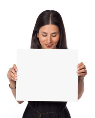 Beautiful woman holding a blank card