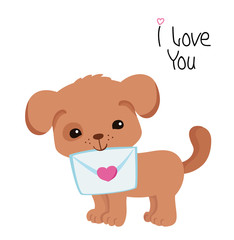 Fototapeta premium Greeting card. Cute puppy with an envelope on a white background.