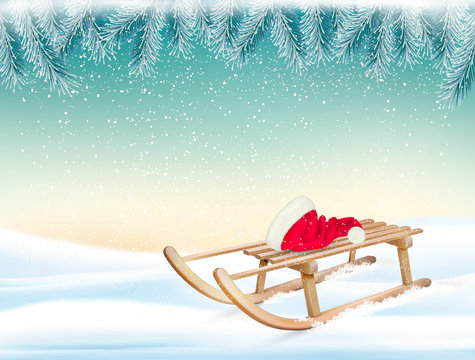 Christmas holiday background with Santa hat and a sleigh. Vector