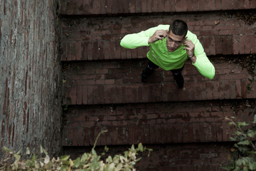 Athlete taking a break with music from the hard running upstairs