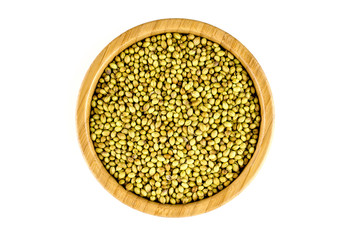 Round bowl full of whole dried coriander seeds