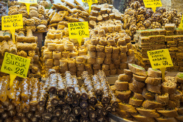 Turkish Delight, nougat and baklava for sale in the spice market, Istanbul