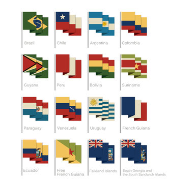 South America Flags Collection Flat Cartoon Style Vintage Colors