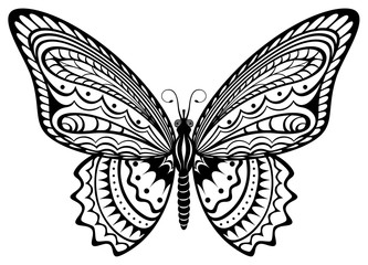 Vector illustration of a stylized, decorative black and white butterfly.