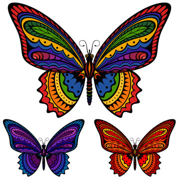 Vector illustration of a colorful patterned butterfly, in three different color schemes.