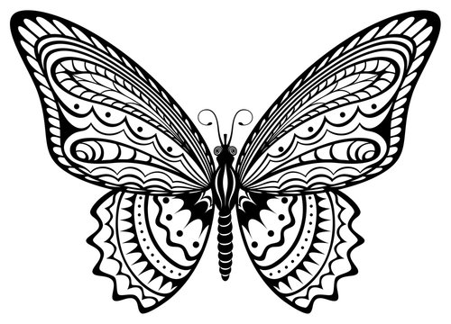 Vector illustration of a stylized, decorative black and white butterfly.