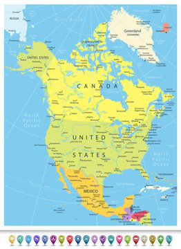 North America Detailed Political Map with Navigation Icons