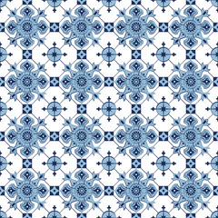 Fototapeta premium Seamless background image of vintage blue cross check kaleidoscope pattern. 