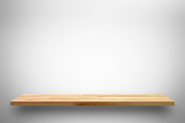 Wooden shelf on white gray gradient background