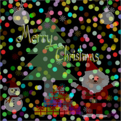 Blurred lights background, bokeh circles, Merry Christmas, Christmas Greeting Card, Santa Claus, snowman, christmas tree illustration