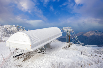 Ski chair lift is covered by snow in winter,Deogyusan mountains