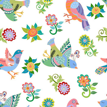 Seamless pattern with folk birds