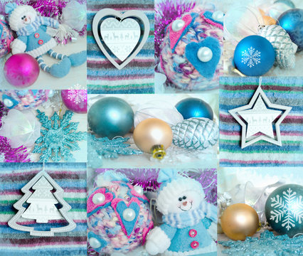 Christmas collage of different backgrounds with Christmas toys.