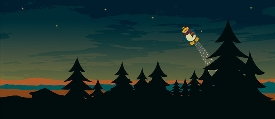 Night scene landscape illustration with cute flying penguin.Horizontal banner design