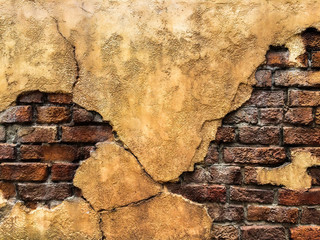 Cracked Old Vintage Brown Concrete Wall with Brick Background Texture, High Contrast