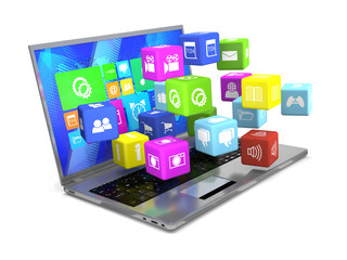 Laptop and flying cubes with icons.