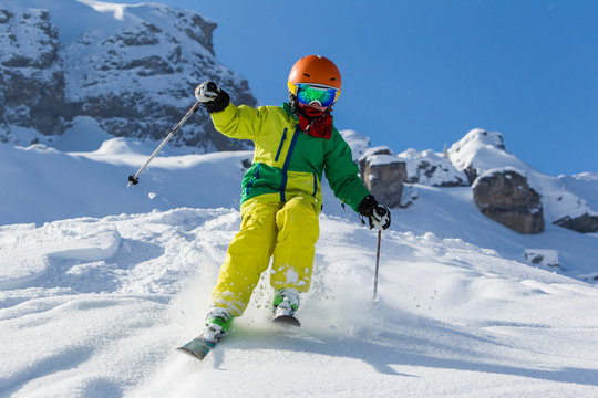 Switzerland, Grisons, Obersaxen, Boy skiing